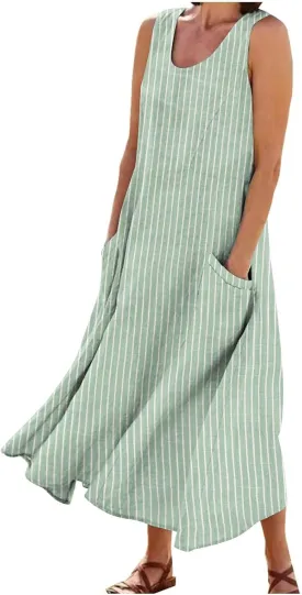 Women's Cotton Linen Dress 2025 Summer Sleeveless Maxi Dresses Plus Size Flowy Tank Sundress Beach Vacation Outfits