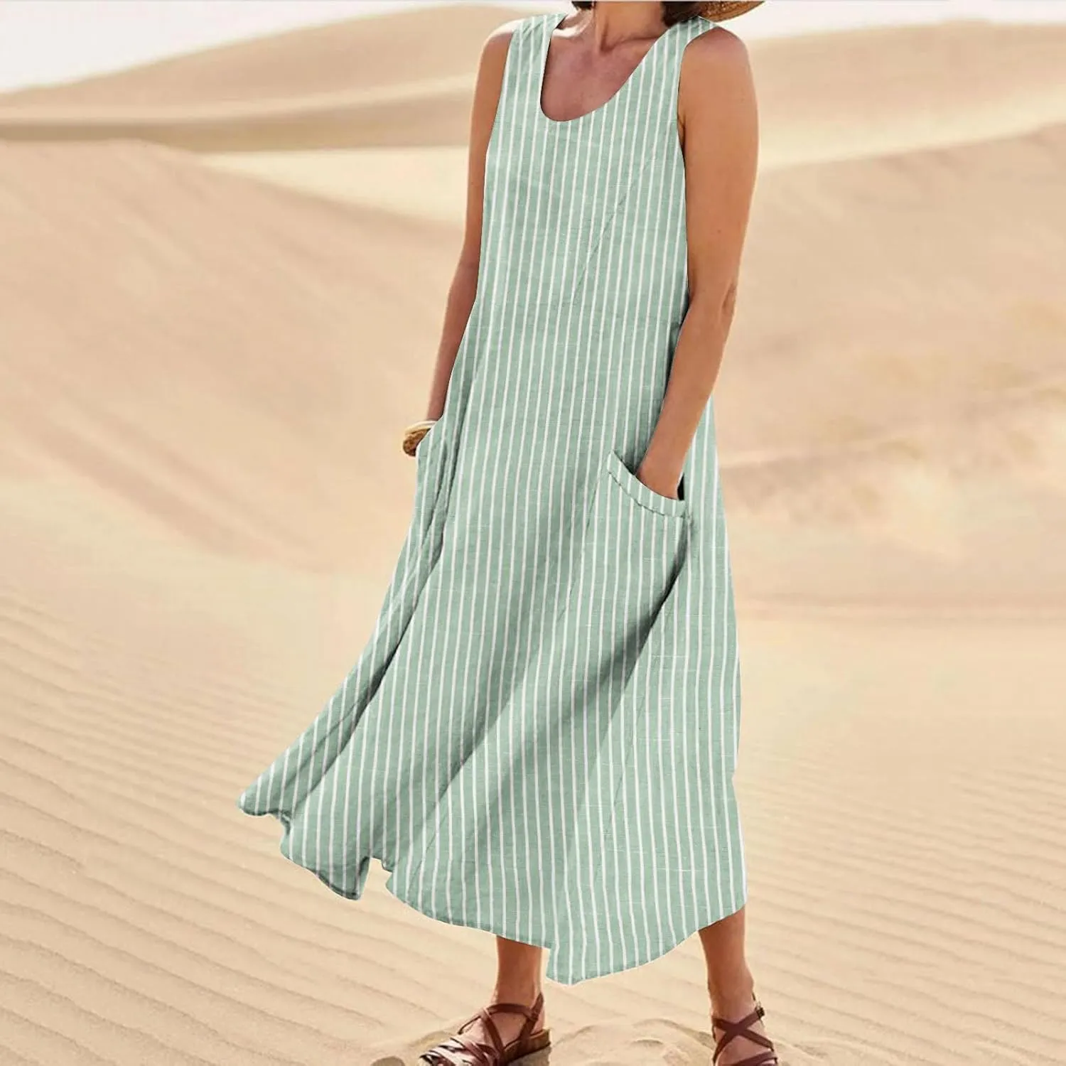 Women's Cotton Linen Dress 2025 Summer Sleeveless Maxi Dresses Plus Size Flowy Tank Sundress Beach Vacation Outfits