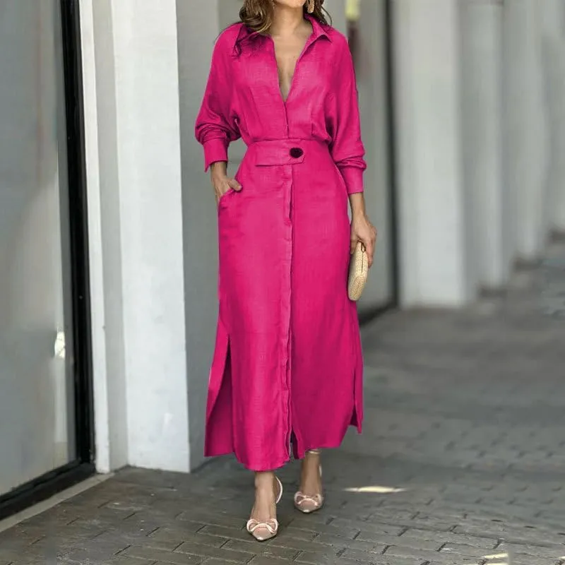 Womens Cotton Linen Maxi Shirt Dress Dressy Casual V Neck Long Sleeve High Waist Irregular Slit Dress with Pockets