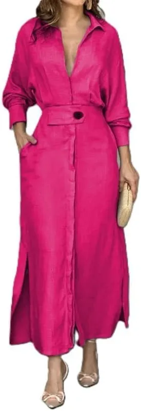 Womens Cotton Linen Maxi Shirt Dress Dressy Casual V Neck Long Sleeve High Waist Irregular Slit Dress with Pockets