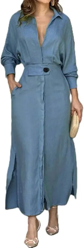 Womens Cotton Linen Maxi Shirt Dress Dressy Casual V Neck Long Sleeve High Waist Irregular Slit Dress with Pockets