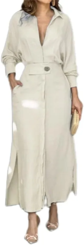 Womens Cotton Linen Maxi Shirt Dress Dressy Casual V Neck Long Sleeve High Waist Irregular Slit Dress with Pockets