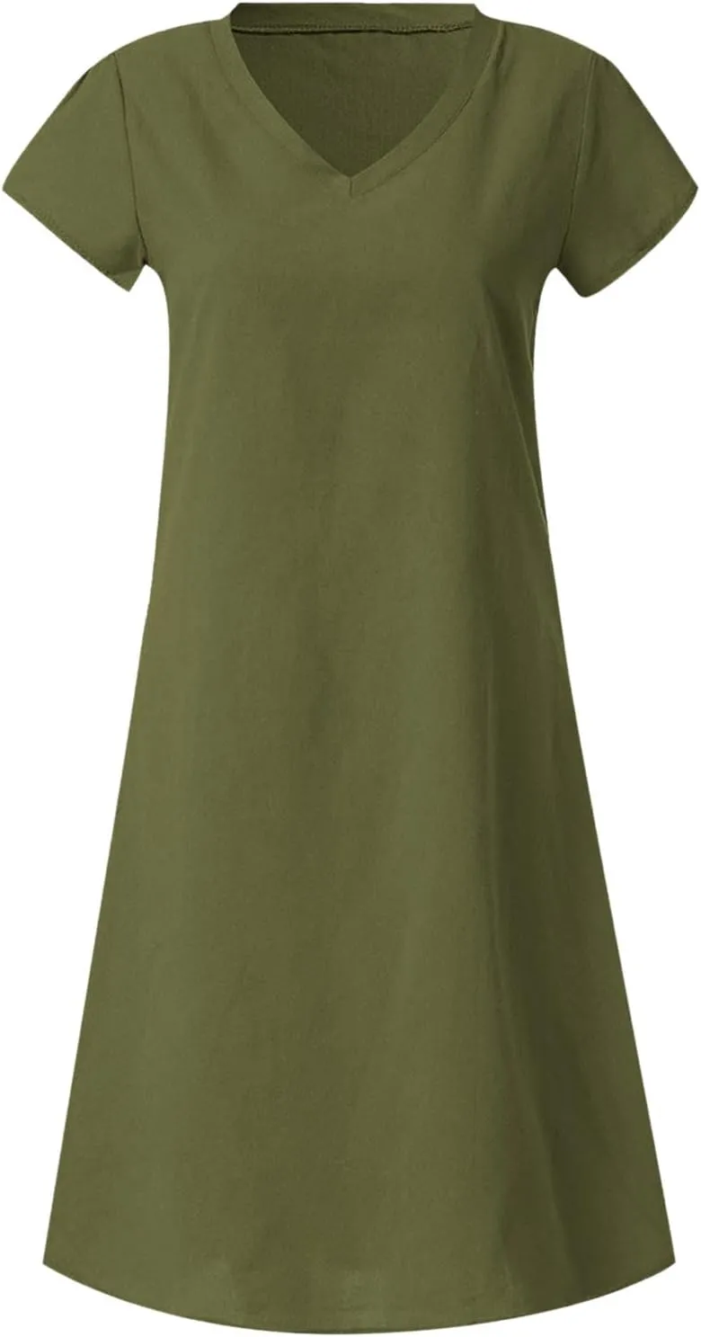 Women's Summer Cotton Linen Dress Loose V-Neck Short Sleeve T-Shirt Dress Solid Beach Dress Casual Maxi Dresses