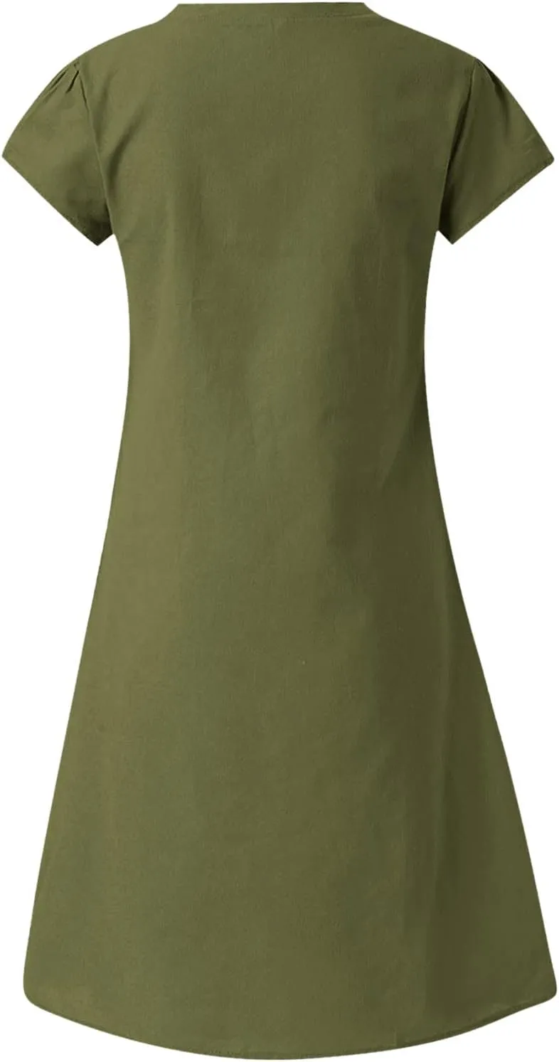 Women's Summer Cotton Linen Dress Loose V-Neck Short Sleeve T-Shirt Dress Solid Beach Dress Casual Maxi Dresses