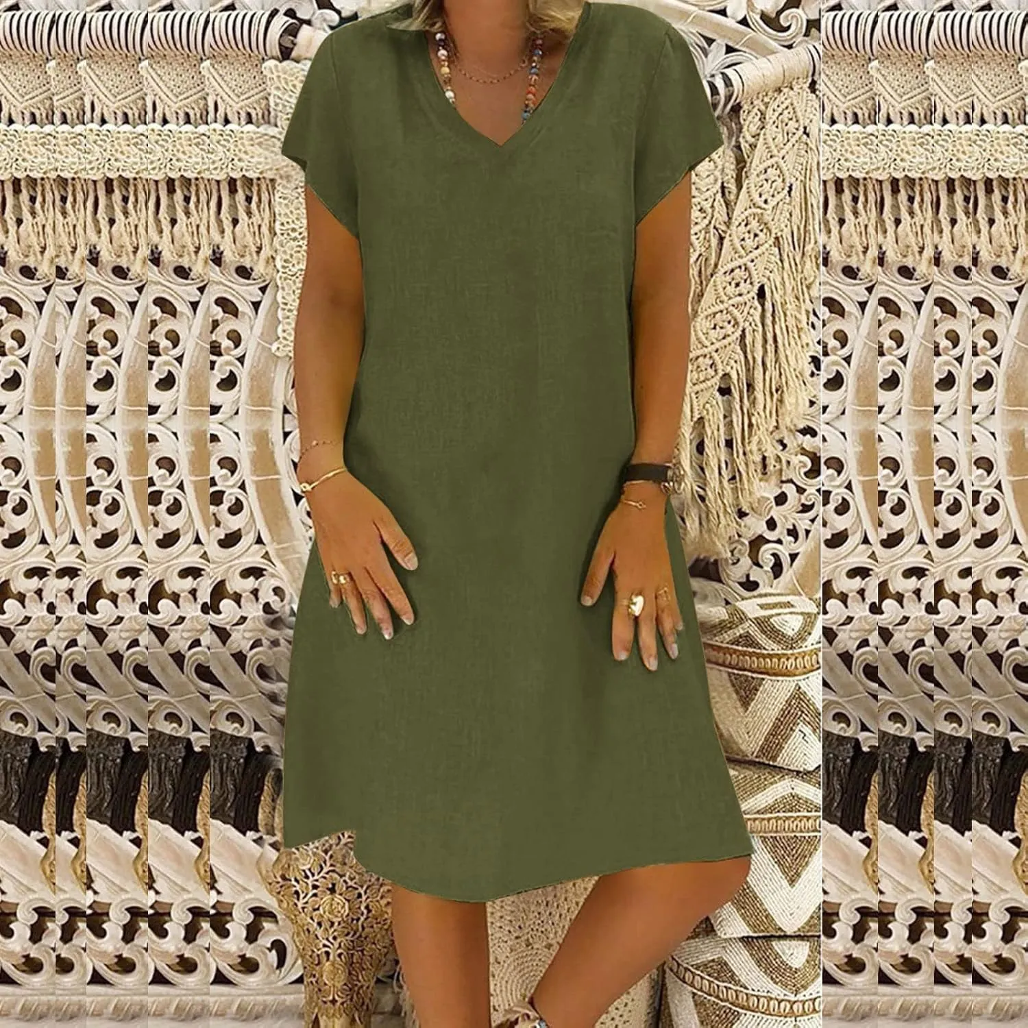 Women's Summer Cotton Linen Dress Loose V-Neck Short Sleeve T-Shirt Dress Solid Beach Dress Casual Maxi Dresses