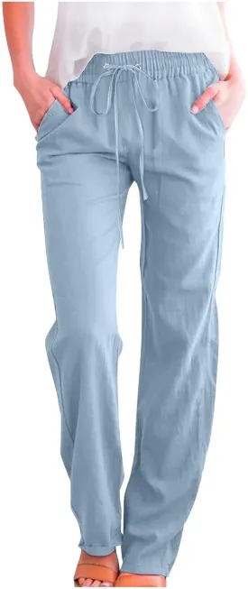 Womens Summer Cotton Linen Yoga Trousers Drawstring Workout Pant Comfy Straight Pants Activewear with Pocket