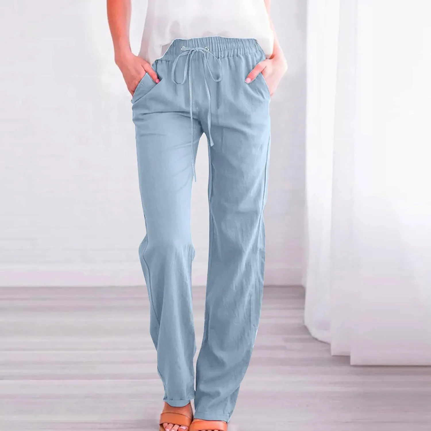Womens Summer Cotton Linen Yoga Trousers Drawstring Workout Pant Comfy Straight Pants Activewear with Pocket