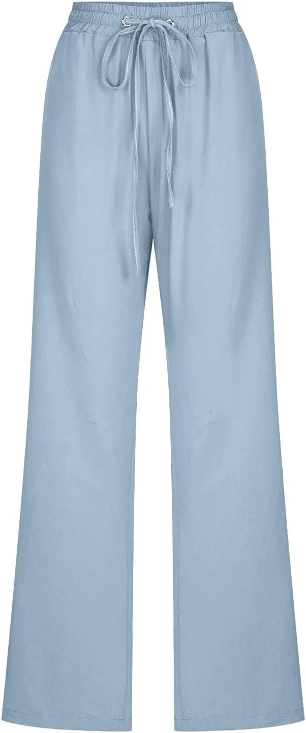 Womens Summer Cotton Linen Yoga Trousers Drawstring Workout Pant Comfy Straight Pants Activewear with Pocket