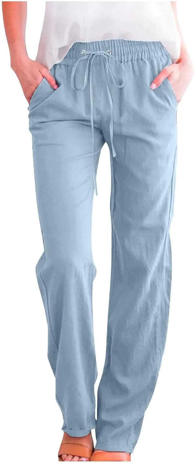Womens Summer Cotton Linen Yoga Trousers Drawstring Workout Pant Comfy Straight Pants Activewear with Pocket
