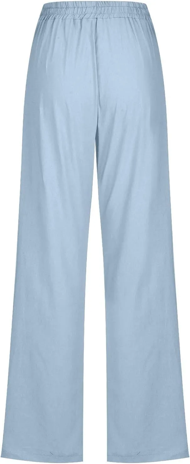 Womens Summer Cotton Linen Yoga Trousers Drawstring Workout Pant Comfy Straight Pants Activewear with Pocket
