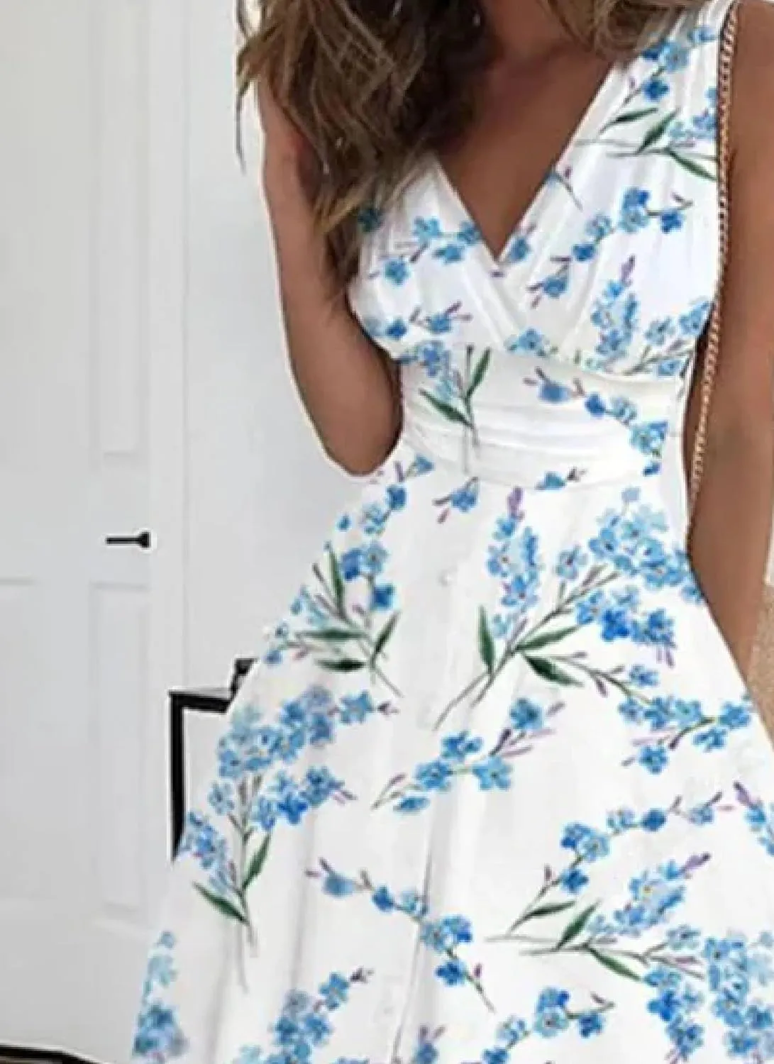 Women's White Floral Print V Neck Sleeveless Waist Cinching A Line Midi Dress 2025 Summer Elegant Casual Flowy Sundress