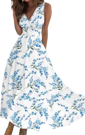 Women's White Floral Print V Neck Sleeveless Waist Cinching A Line Midi Dress 2025 Summer Elegant Casual Flowy Sundress