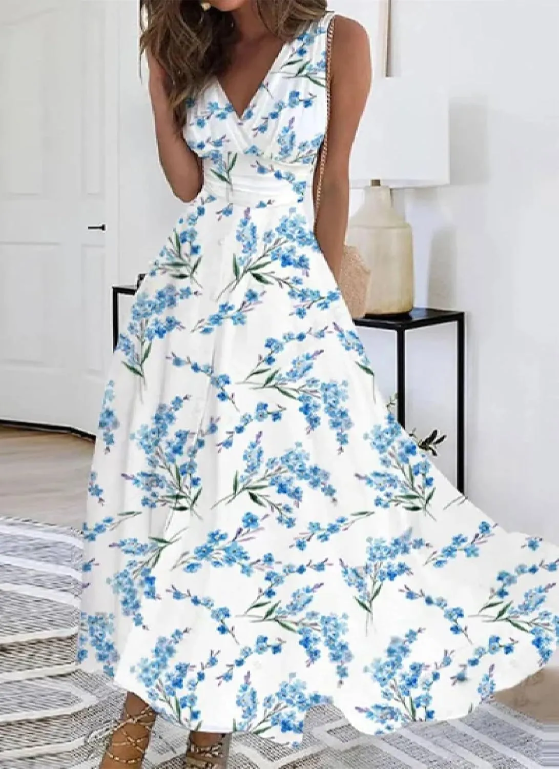 Women's White Floral Print V Neck Sleeveless Waist Cinching A Line Midi Dress 2025 Summer Elegant Casual Flowy Sundress