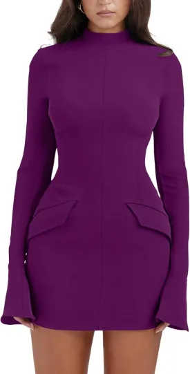YMDUCH Women's Long Sleeve Mock Turtle Neck Bodycon Mini Tank Short Party Dress