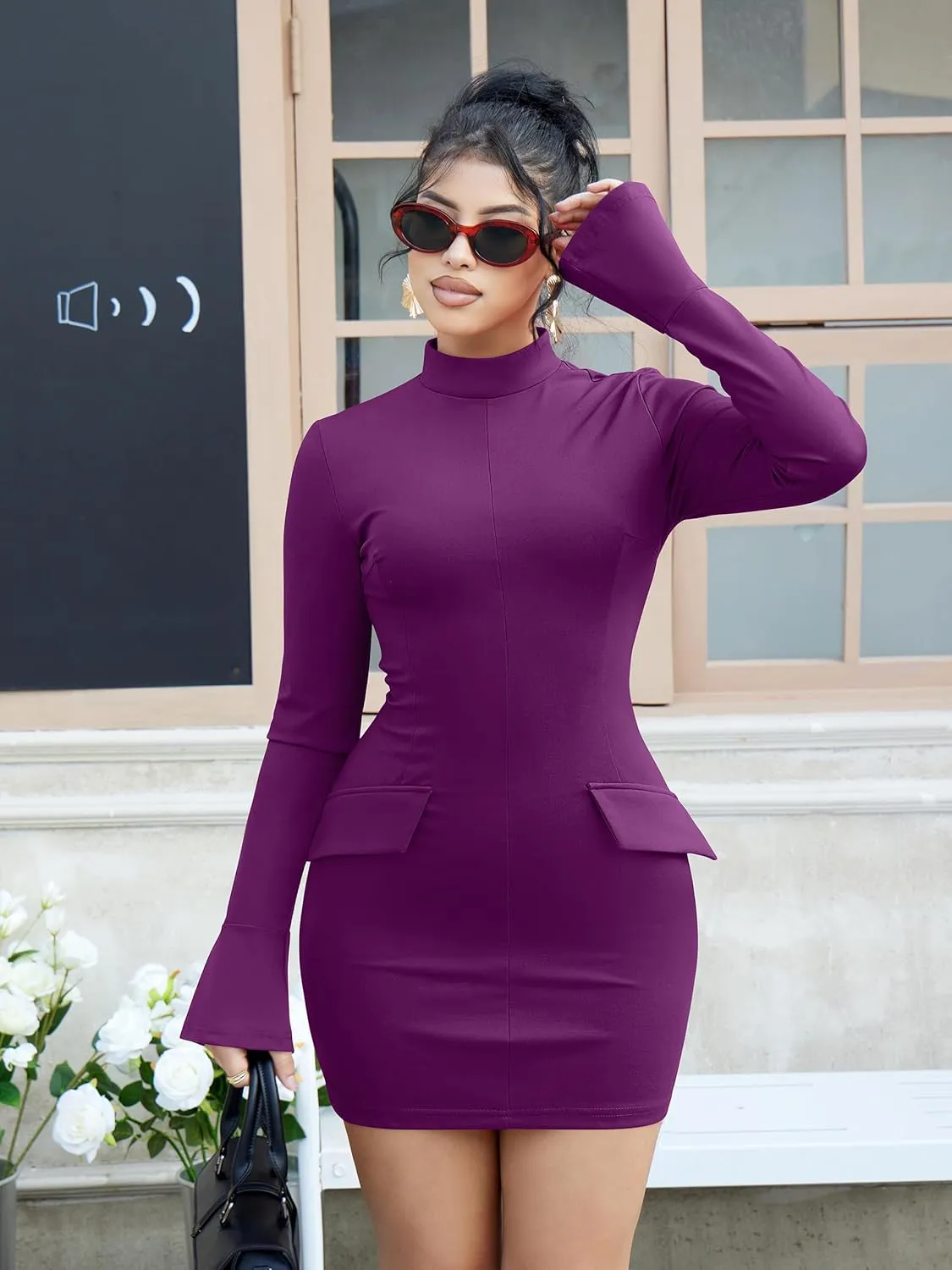 YMDUCH Women's Long Sleeve Mock Turtle Neck Bodycon Mini Tank Short Party Dress