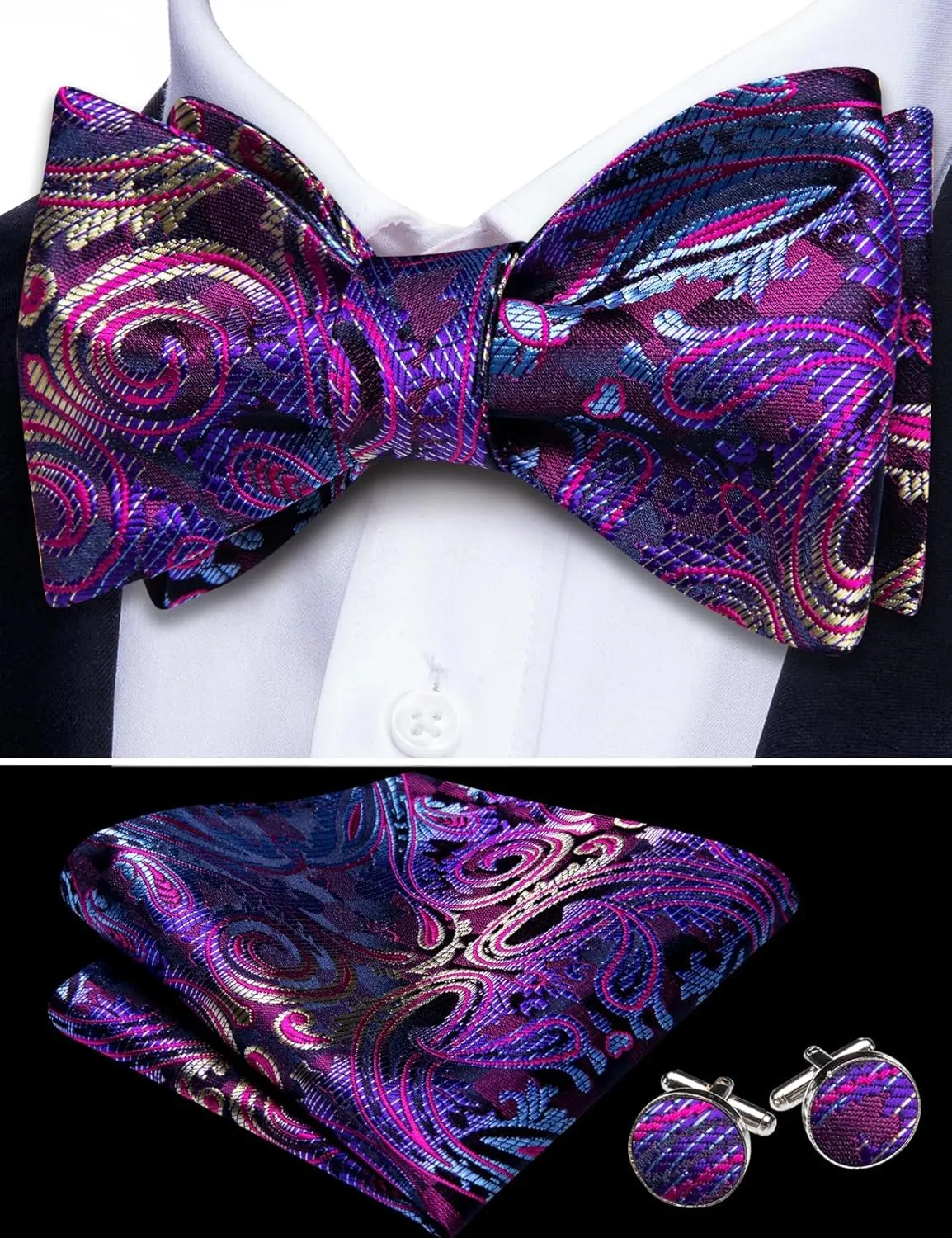 YOHOWA Bow Ties for Men Paisley Self Tie Bowtie Pocket Square Cufflinks Set Classic Woven Formal Wedding Tuxedo Party
