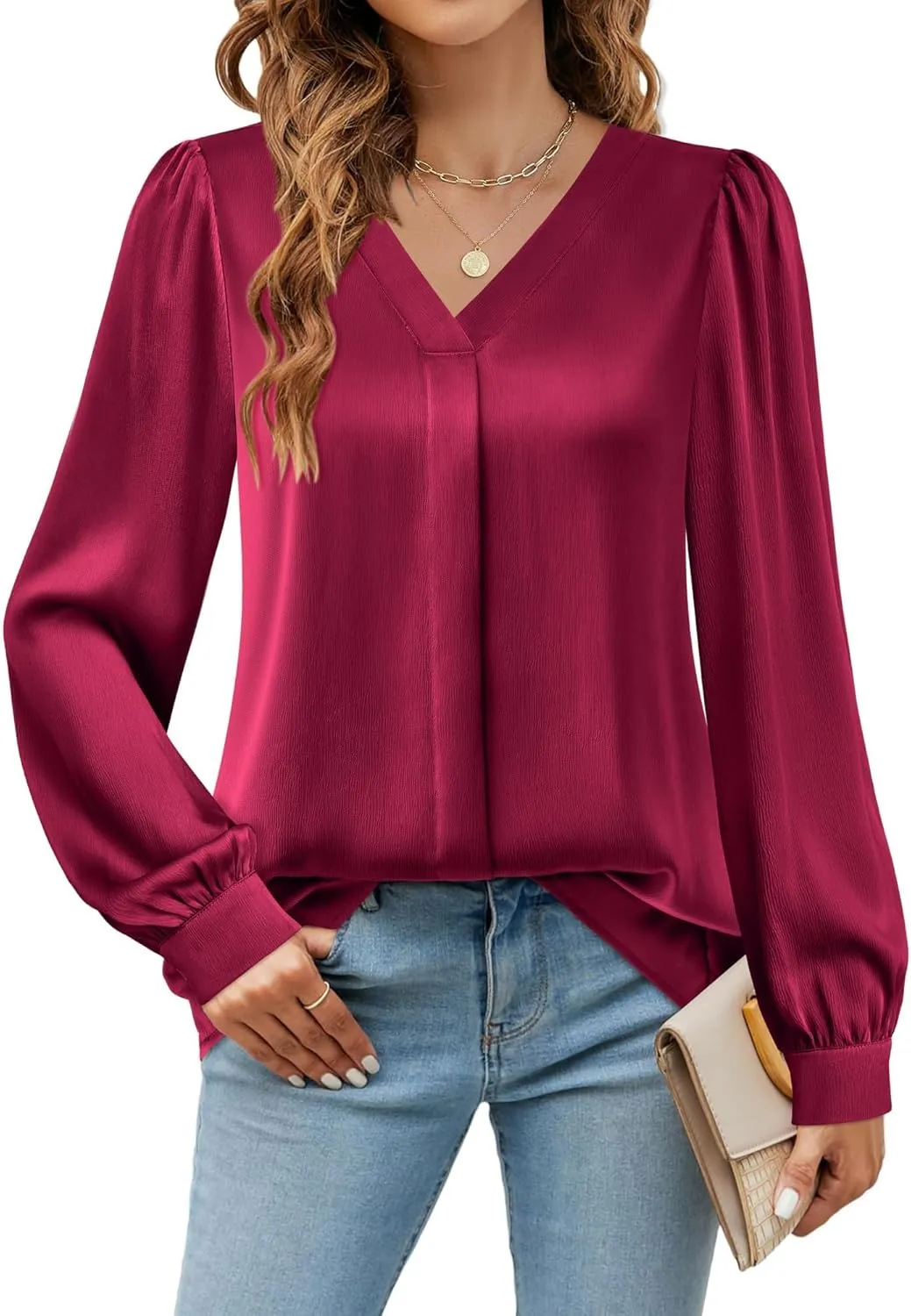 Youtalia Womens Satin Silk Blouses Long Sleeve V-Neck Dressy Casual Tops Business Work Shirts