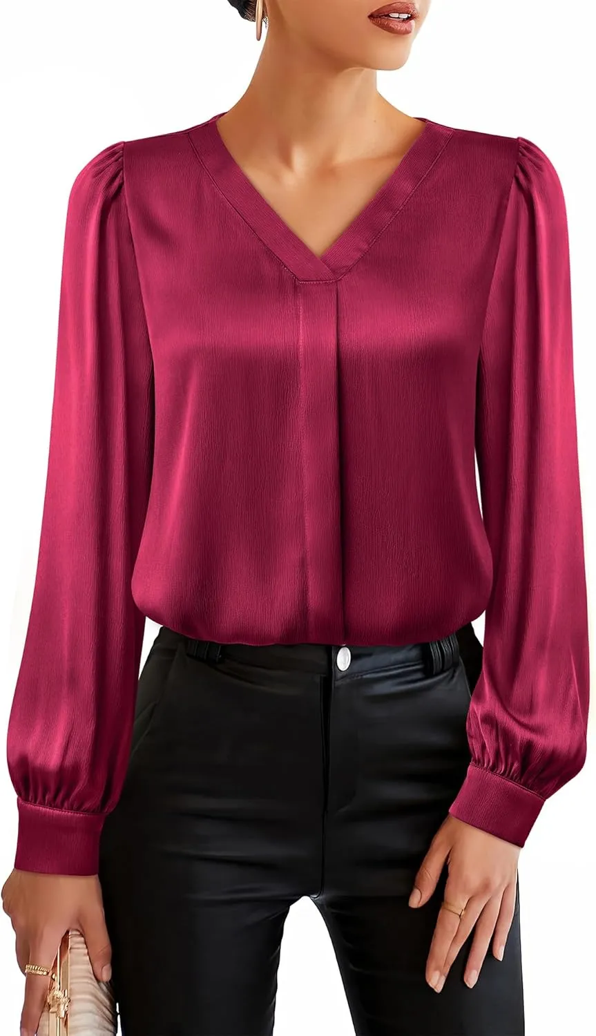 Youtalia Womens Satin Silk Blouses Long Sleeve V-Neck Dressy Casual Tops Business Work Shirts