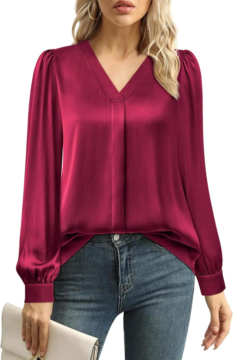 Youtalia Womens Satin Silk Blouses Long Sleeve V-Neck Dressy Casual Tops Business Work Shirts
