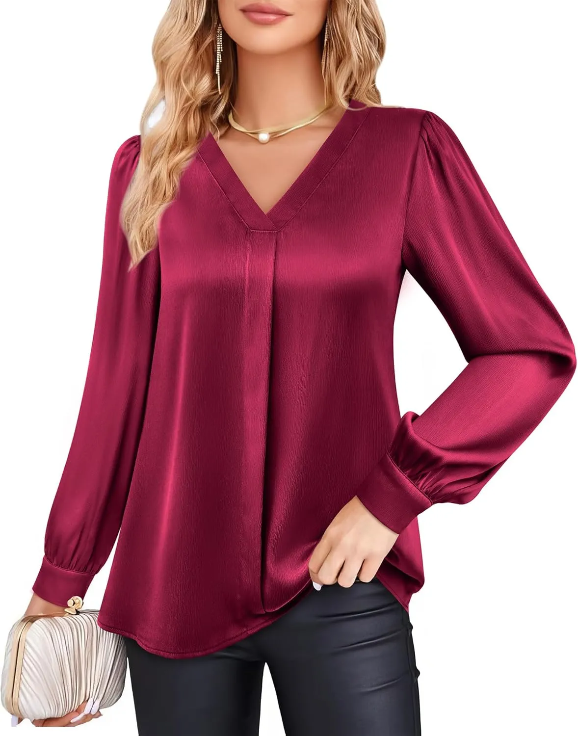 Youtalia Womens Satin Silk Blouses Long Sleeve V-Neck Dressy Casual Tops Business Work Shirts