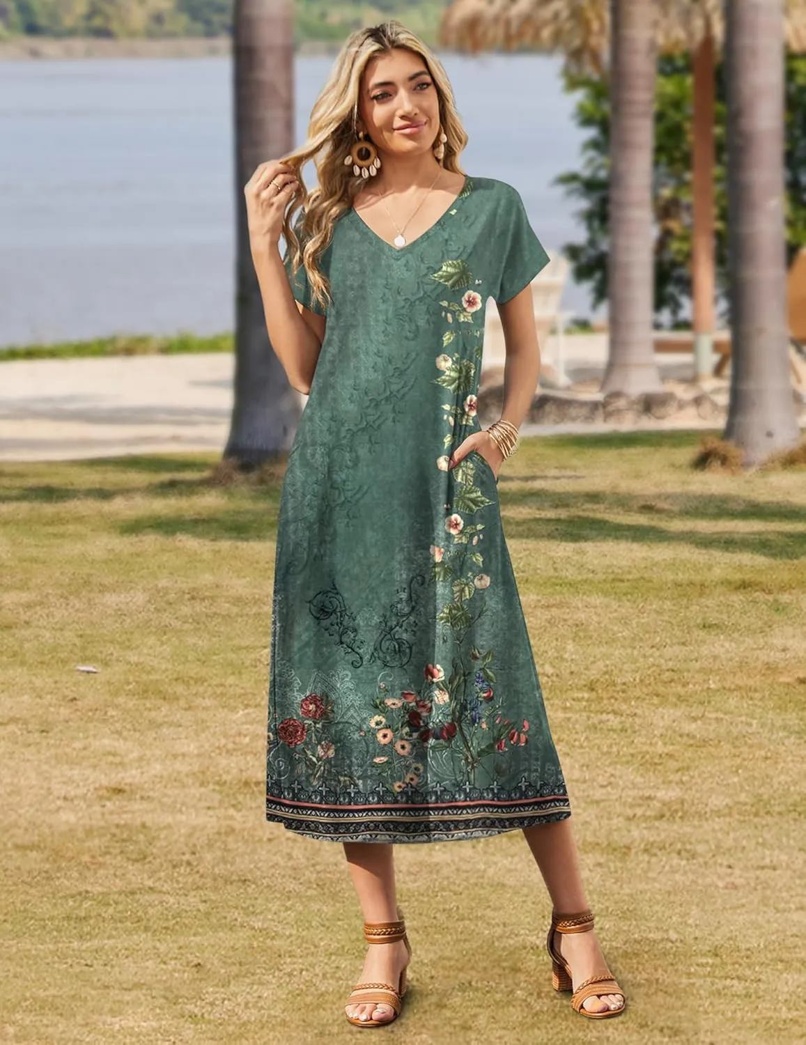Zeagoo Women Summer Floral Dress Short Sleeve Beach Dress with Pockets Casual V-Neck Split Long T-Shirt Dress Travel Vacation