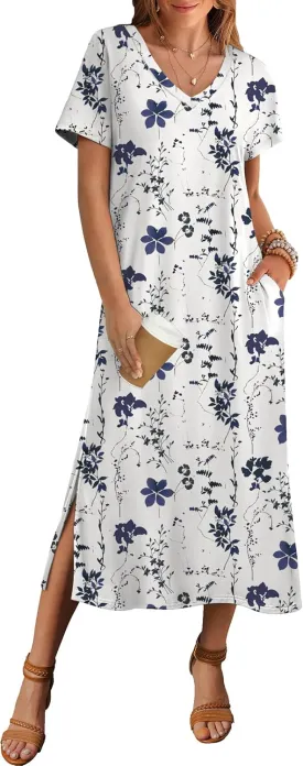 Zeagoo Women Summer Floral Dress Short Sleeve Beach Dress with Pockets Casual V-Neck Split Long T-Shirt Dress Travel Vacation