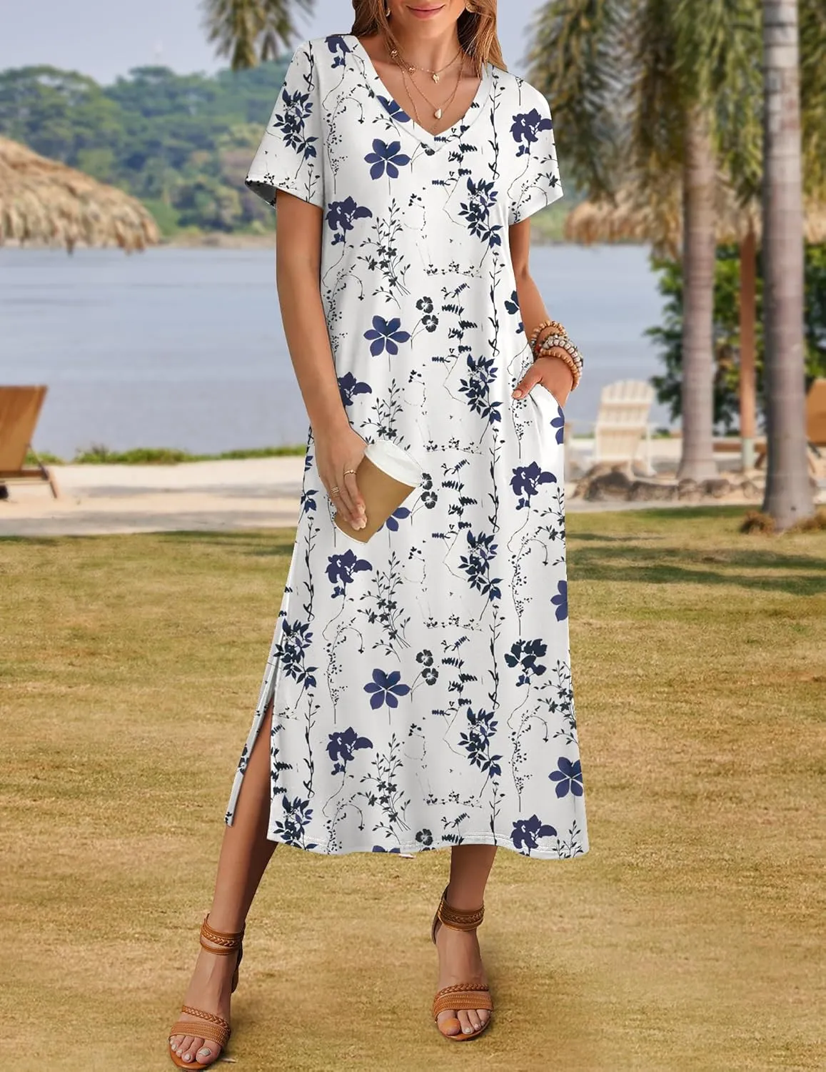 Zeagoo Women Summer Floral Dress Short Sleeve Beach Dress with Pockets Casual V-Neck Split Long T-Shirt Dress Travel Vacation