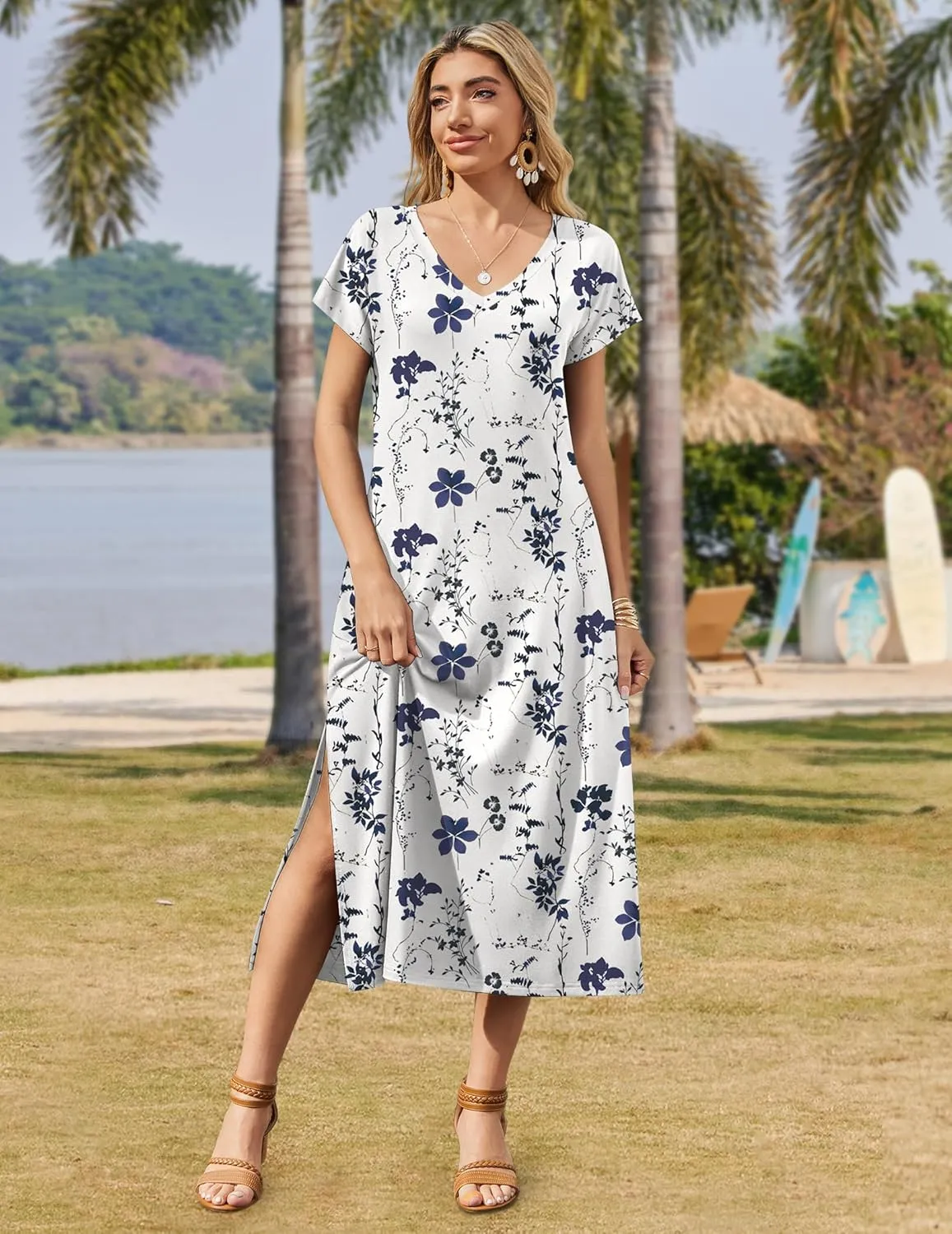 Zeagoo Women Summer Floral Dress Short Sleeve Beach Dress with Pockets Casual V-Neck Split Long T-Shirt Dress Travel Vacation