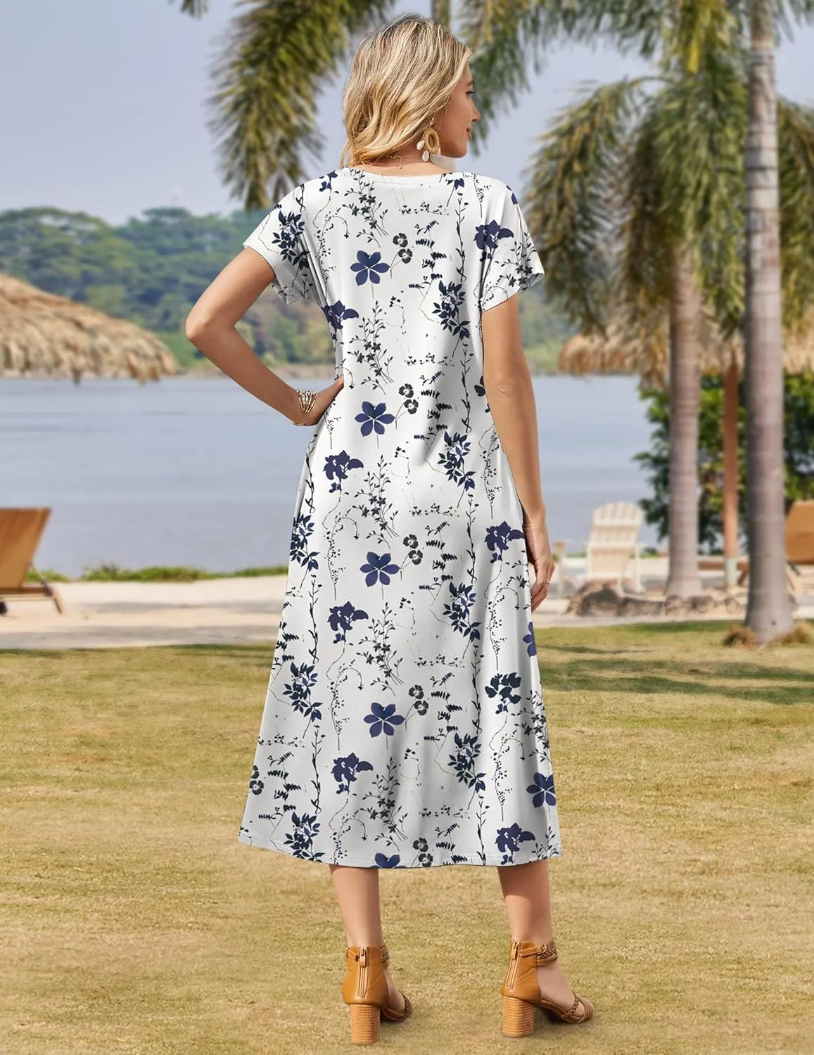 Zeagoo Women Summer Floral Dress Short Sleeve Beach Dress with Pockets Casual V-Neck Split Long T-Shirt Dress Travel Vacation