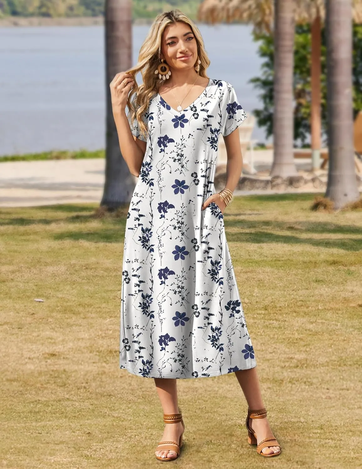 Zeagoo Women Summer Floral Dress Short Sleeve Beach Dress with Pockets Casual V-Neck Split Long T-Shirt Dress Travel Vacation