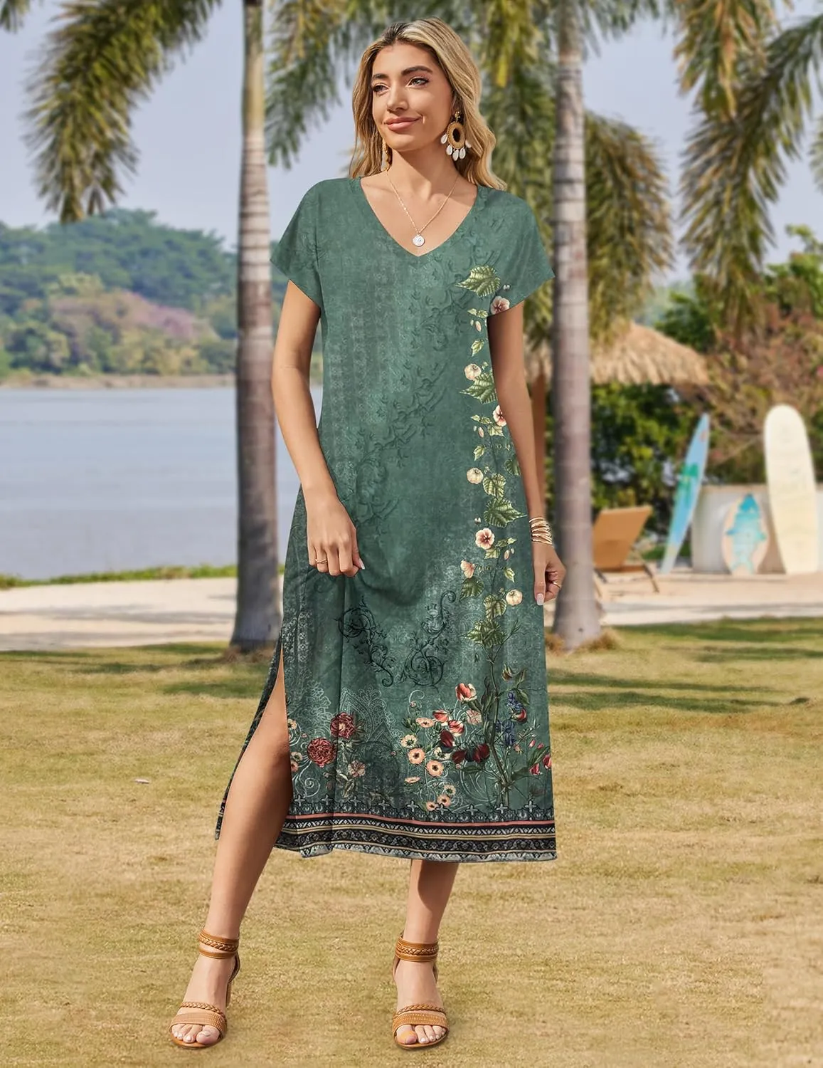 Zeagoo Women Summer Floral Dress Short Sleeve Beach Dress with Pockets Casual V-Neck Split Long T-Shirt Dress Travel Vacation