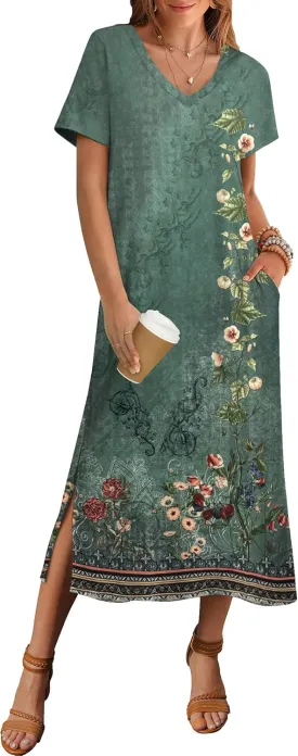 Zeagoo Women Summer Floral Dress Short Sleeve Beach Dress with Pockets Casual V-Neck Split Long T-Shirt Dress Travel Vacation